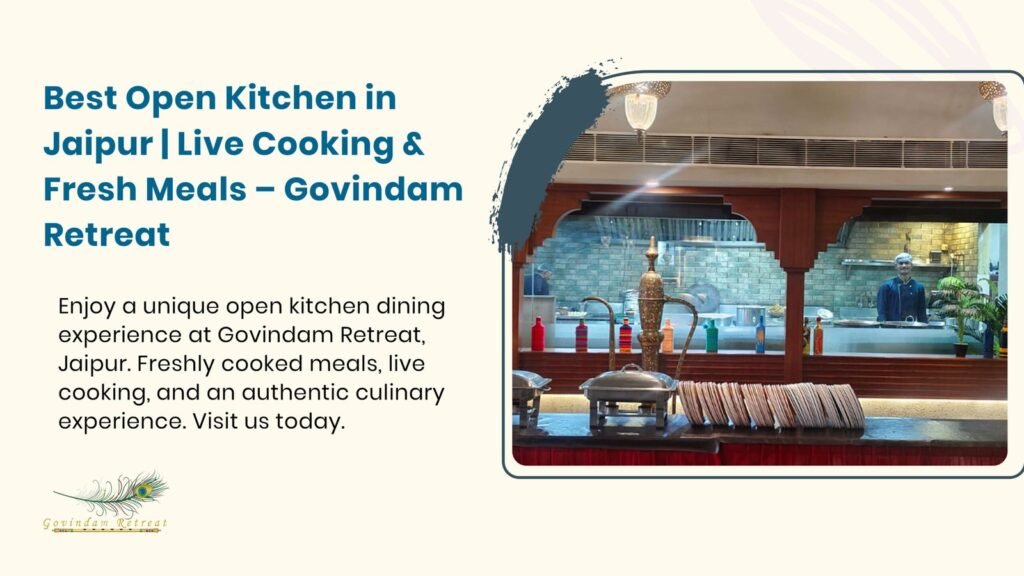 Skilled chefs preparing authentic dishes in the modern open kitchen at Govindam Retreat Jaipur
