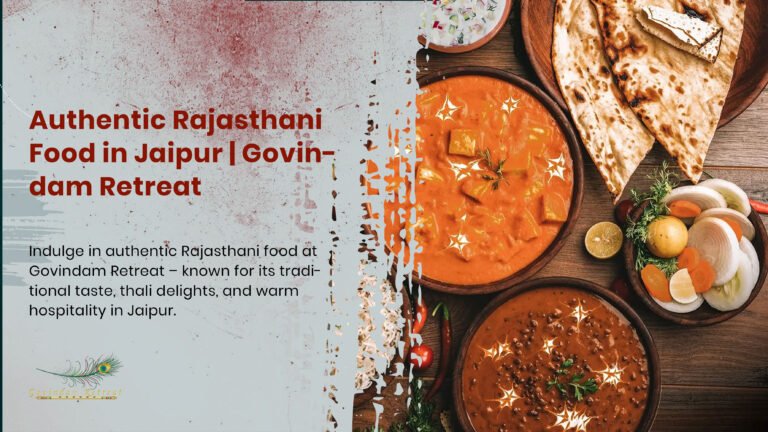 Our signature authentic Rajasthani food thali featuring dal baati churma, gatte ki sabzi, ker sangri and traditional accompaniments, all prepared using heritage recipes.