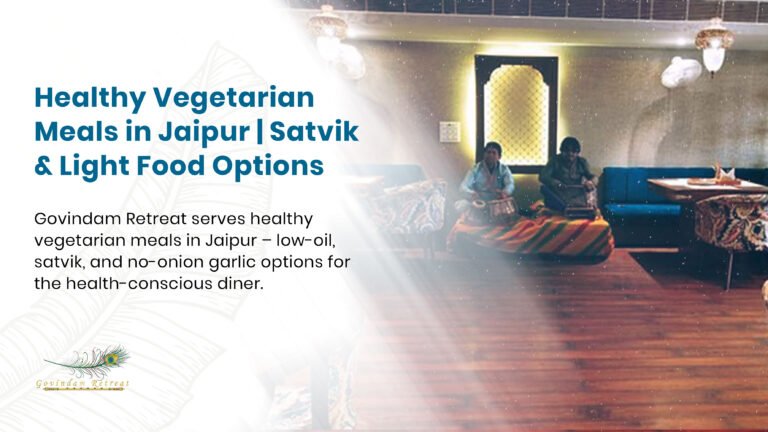 Fresh, nutritious vegetarian thali featuring sprouted lentils, steamed vegetables, and millet rotis served at Govindam Retreat.