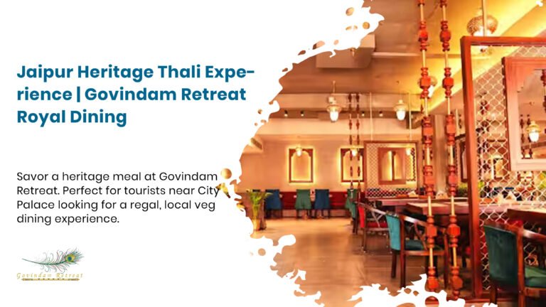 Authentic Jaipur Heritage Meal Experience featuring traditional floor seating, silver thalis, and royal Rajasthani delicacies at Govindam Retreat.