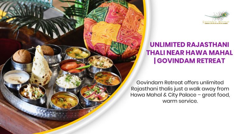 Our unlimited thali service featuring authentic Rajasthani dishes, located just minutes from Hawa Mahal and City Palace.