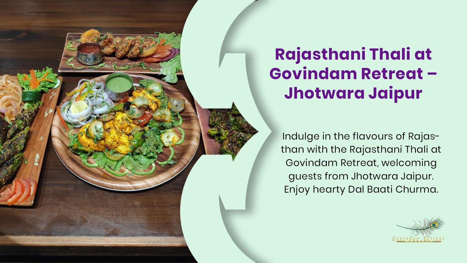 Rajasthani Thali Jhotwara Jaipur - Govindam Retreat hearty dal baati churma tangy kadhi traditional vegetables royal veg dining family groups