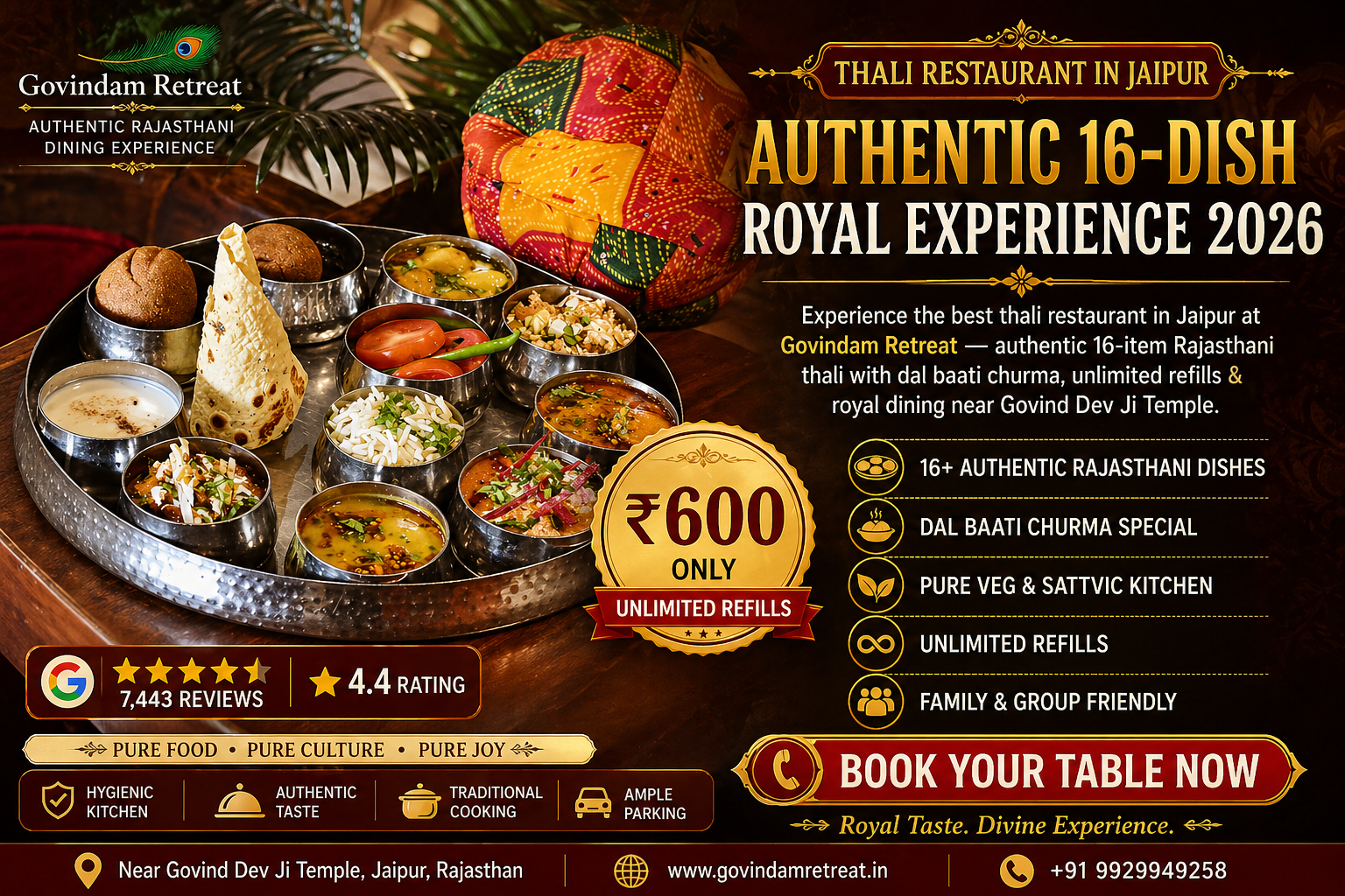 thali restaurant in Jaipur govindam retreat 16 item authentic rajasthani thali clay oven baati dal baati churma